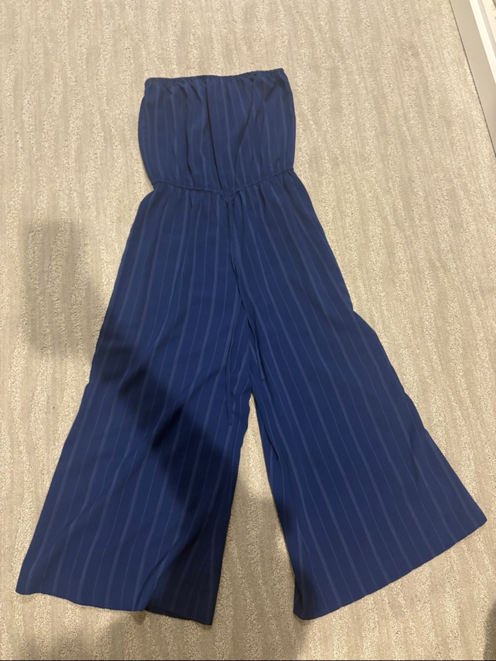 Blue Life Navy Pinstripe Strapless Wide-Leg Jumpsuit